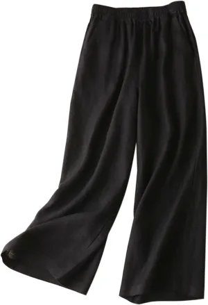 Women's 100% Linen Wide Leg Pants Casual Loose High Waisted Flowy Palazzo Trousers with Pockets