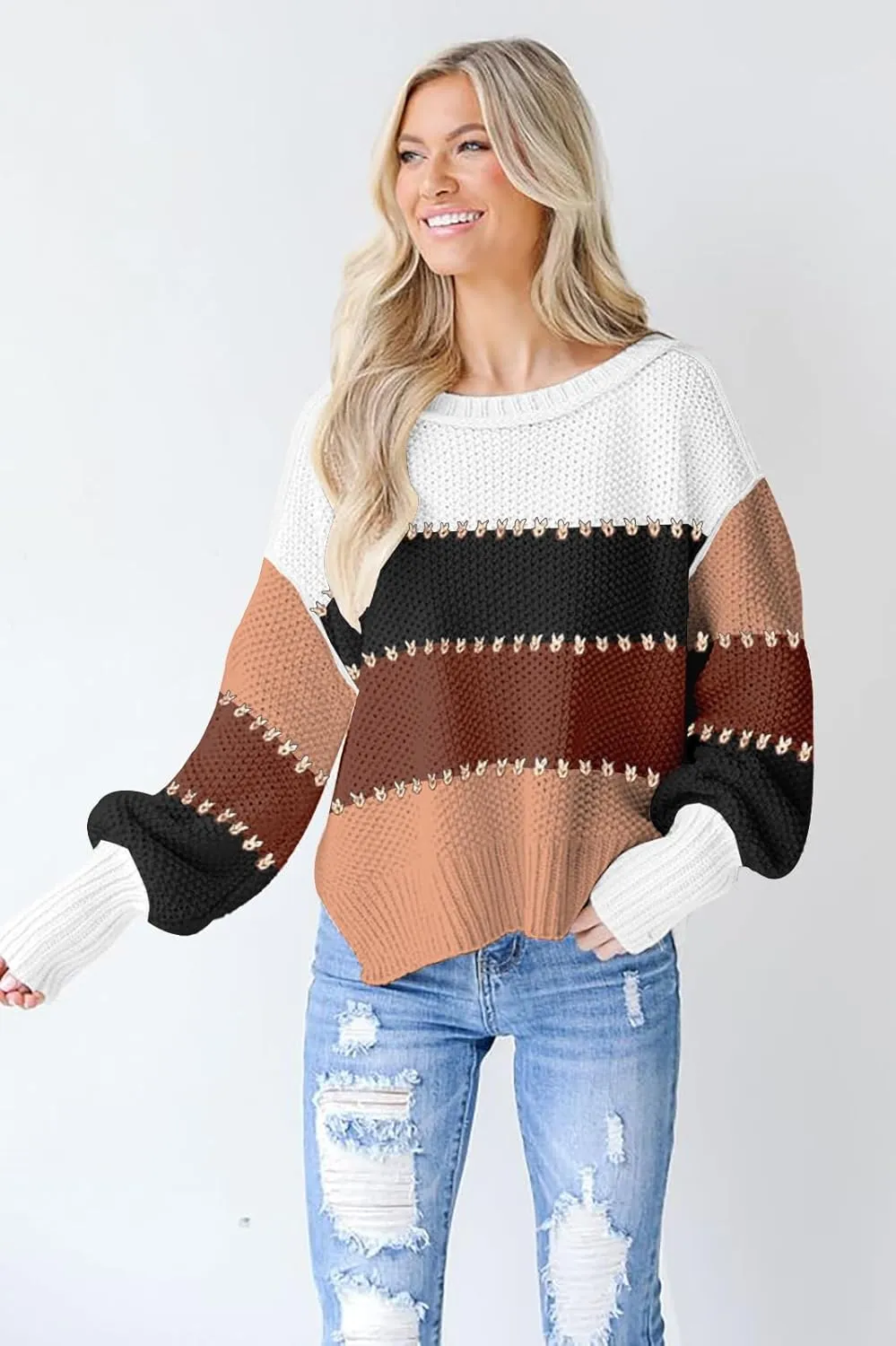 Women's 2024 Crewneck Long Sleeve Loose Oversized Chunky Knitted Pullover Sweater Jumper Tops