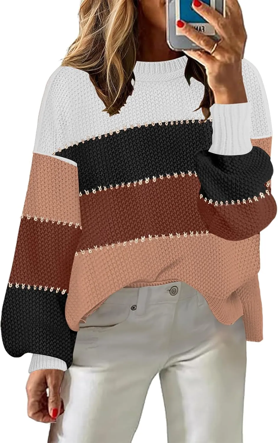 Women's 2024 Crewneck Long Sleeve Loose Oversized Chunky Knitted Pullover Sweater Jumper Tops