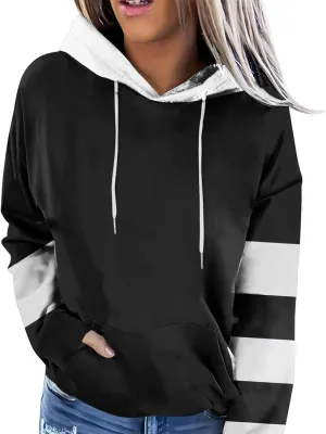 Womens 2024 Hooded Color Block Drawstring Hoodies Pullover Sweatshirts Casual Long Sleeve Tops Shirts Fall Winter