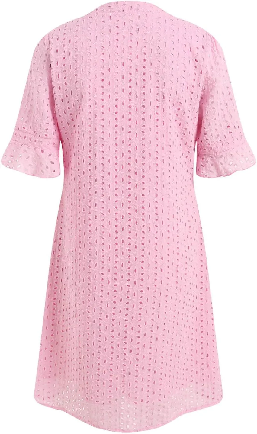 Women's 2025 Summer Short Sleeve Mini Dress V Neck Ruffle Hollow Out Eyelet Lace Dresses