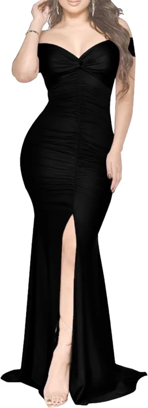 Women's Bodycon Ruched Elegant Formal Dress V Neck Sexy Slim Fit Prom Dress Split Hem Stylish Cocktail Dresses