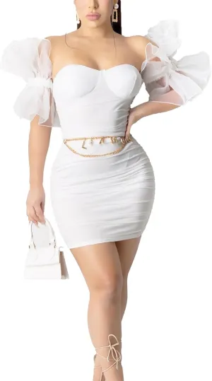 Women's Bodycon Tube Top Cocktail Party Dress Slim Fit Ruched Stylish Mini Dress Mesh Short Sleeve Prom Dresses