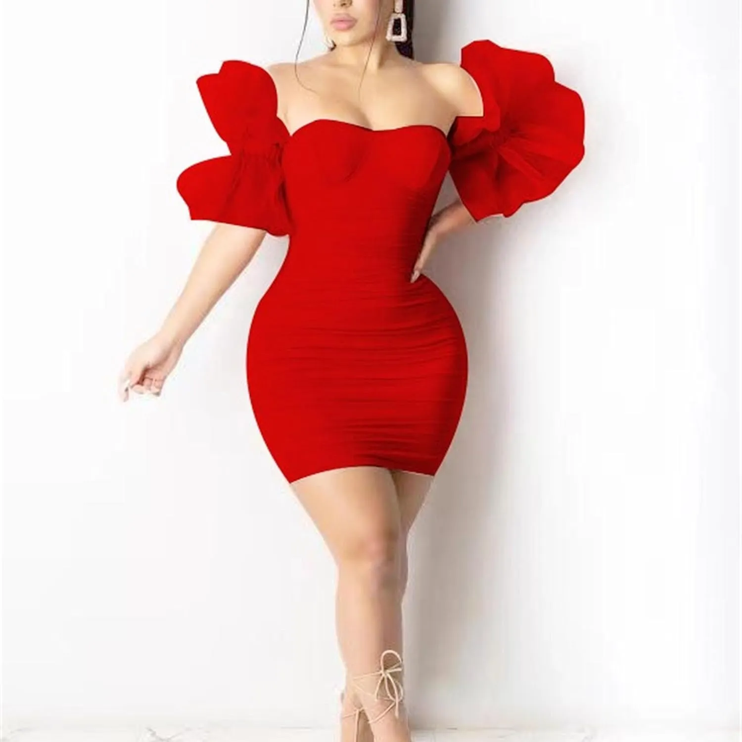 Women's Bodycon Tube Top Cocktail Party Dress Slim Fit Ruched Stylish Mini Dress Mesh Short Sleeve Prom Dresses