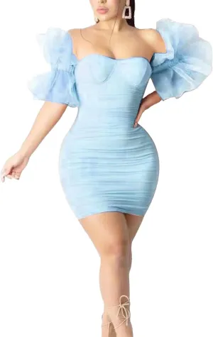 Women's Bodycon Tube Top Cocktail Party Dress Slim Fit Ruched Stylish Mini Dress Mesh Short Sleeve Prom Dresses