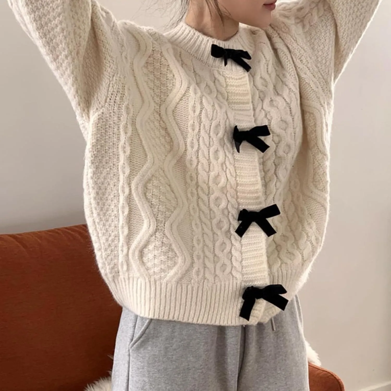 Womens Bow Knot Cardigan Sweater Long Sleeve Crew Neck Cable Knit Cardigan Coats Y2K Open Front Pullover Tops