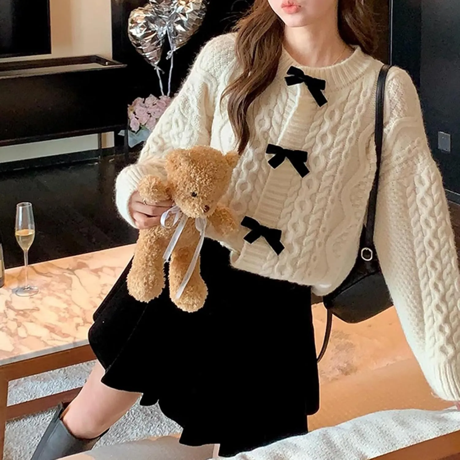 Womens Bow Knot Cardigan Sweater Long Sleeve Crew Neck Cable Knit Cardigan Coats Y2K Open Front Pullover Tops