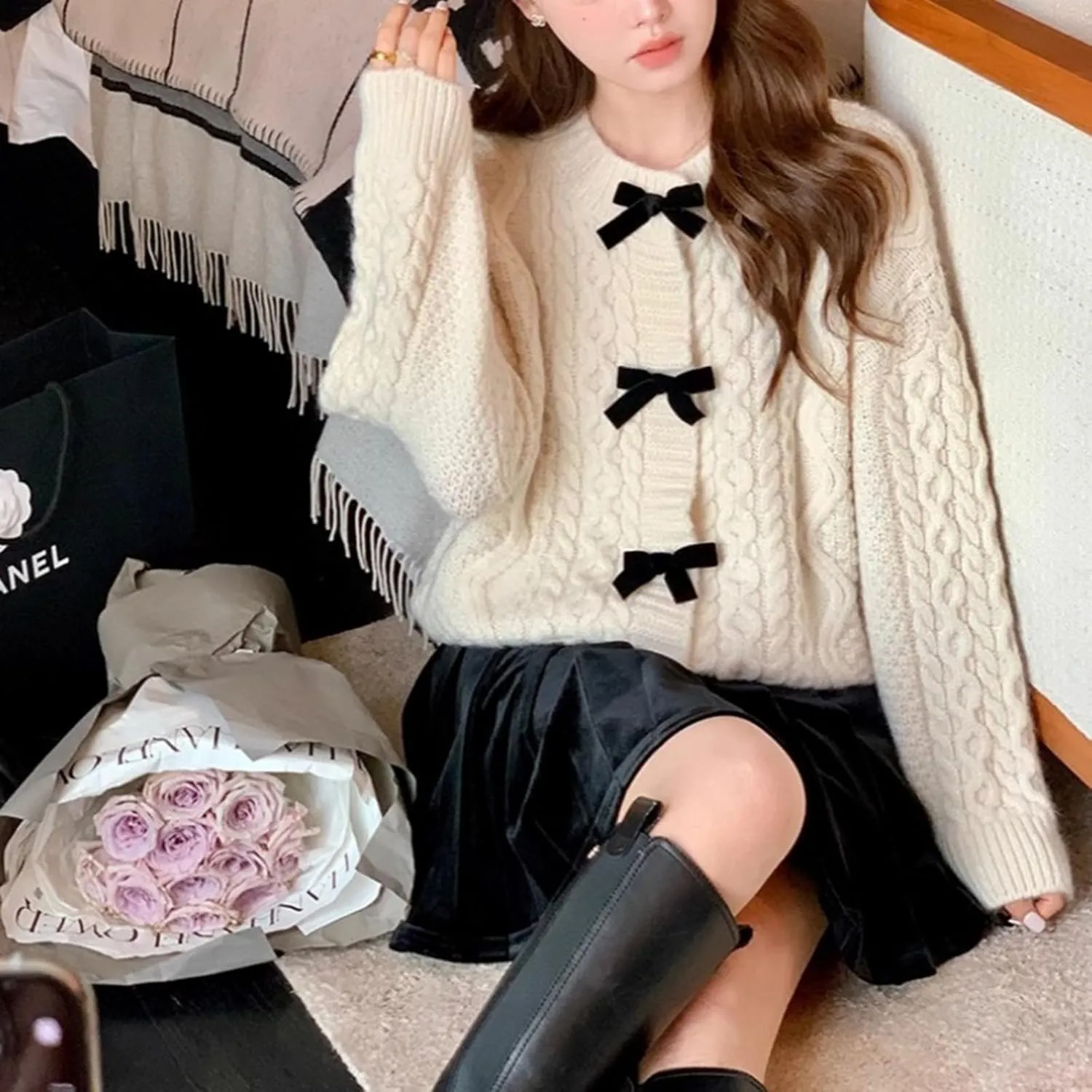 Womens Bow Knot Cardigan Sweater Long Sleeve Crew Neck Cable Knit Cardigan Coats Y2K Open Front Pullover Tops