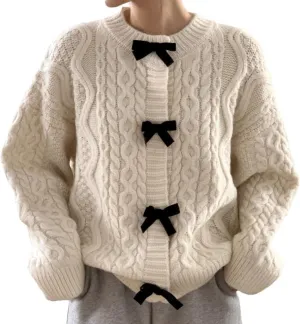Womens Bow Knot Cardigan Sweater Long Sleeve Crew Neck Cable Knit Cardigan Coats Y2K Open Front Pullover Tops