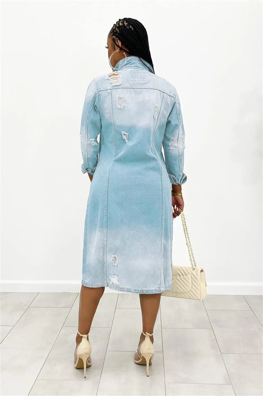 Women's Button Down Ripped Denim Jacket Distressed Hole Over Knee Midi Trench Coat Destroyed Long Jean Jacket