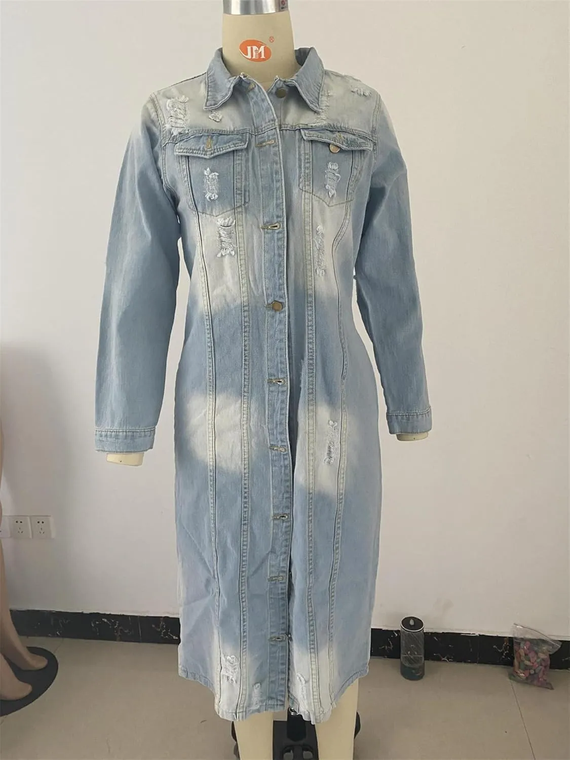 Women's Button Down Ripped Denim Jacket Distressed Hole Over Knee Midi Trench Coat Destroyed Long Jean Jacket