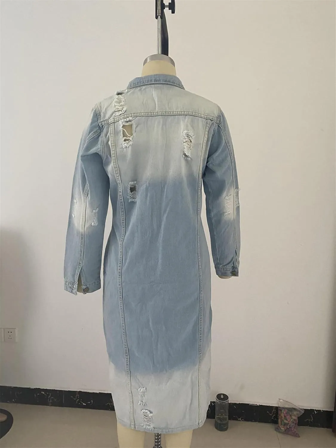 Women's Button Down Ripped Denim Jacket Distressed Hole Over Knee Midi Trench Coat Destroyed Long Jean Jacket