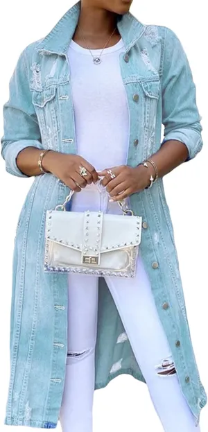 Women's Button Down Ripped Denim Jacket Distressed Hole Over Knee Midi Trench Coat Destroyed Long Jean Jacket