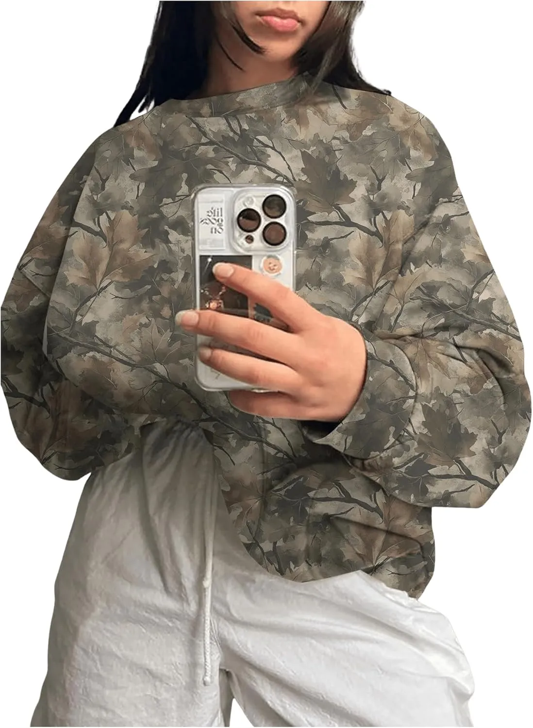 Women's Camo Print Sweatshirt Long Sleeve Oversized Camouflage Shirt Crewneck Drop Shoulder T Shirt Pullover Tops