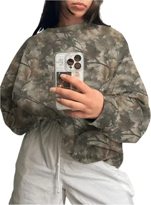 Women's Camo Print Sweatshirt Long Sleeve Oversized Camouflage Shirt Crewneck Drop Shoulder T Shirt Pullover Tops