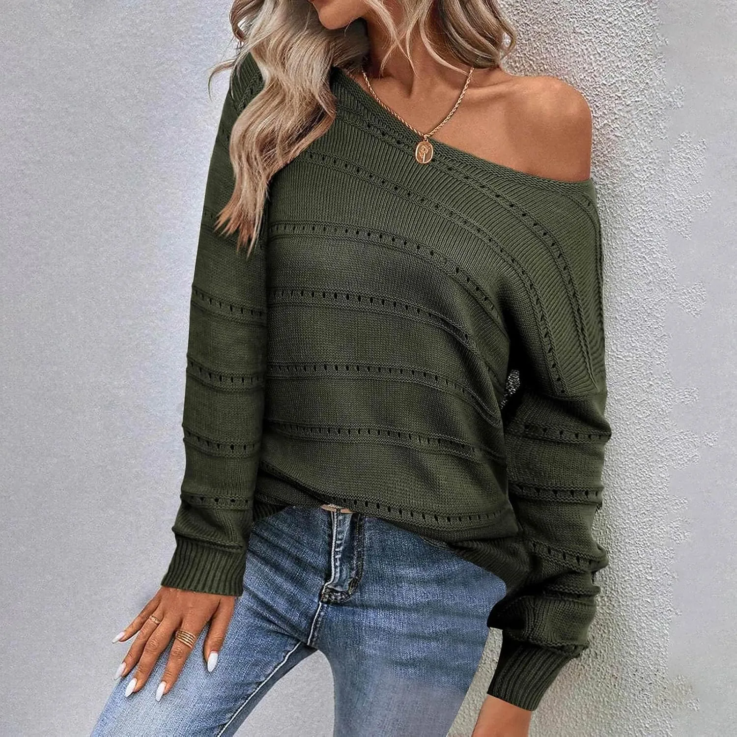 Womens Casual Sweater Lightweight Long Sleeve Off Shoulder Pullover Top Dressy Hollow Out Shirt 2024 Fall Outfits