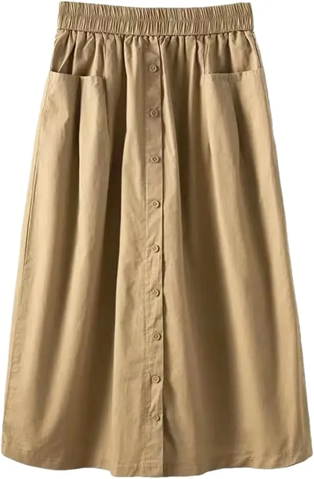 Women's Casual Washed Cotton Elastic Waist Slim Stpaight A Line Skirt with Large Pocket