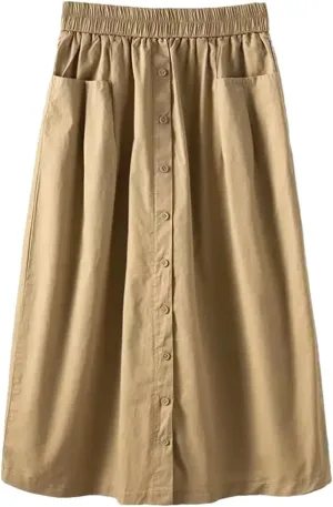 Women's Casual Washed Cotton Elastic Waist Slim Stpaight A Line Skirt with Large Pocket