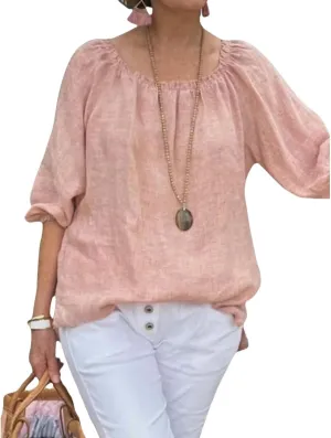 Womens Cotton Linen Pleated Crew Neck Tops Casual Half Puff Sleeve Pullover Summer Trendy Loose Tunic Shirts