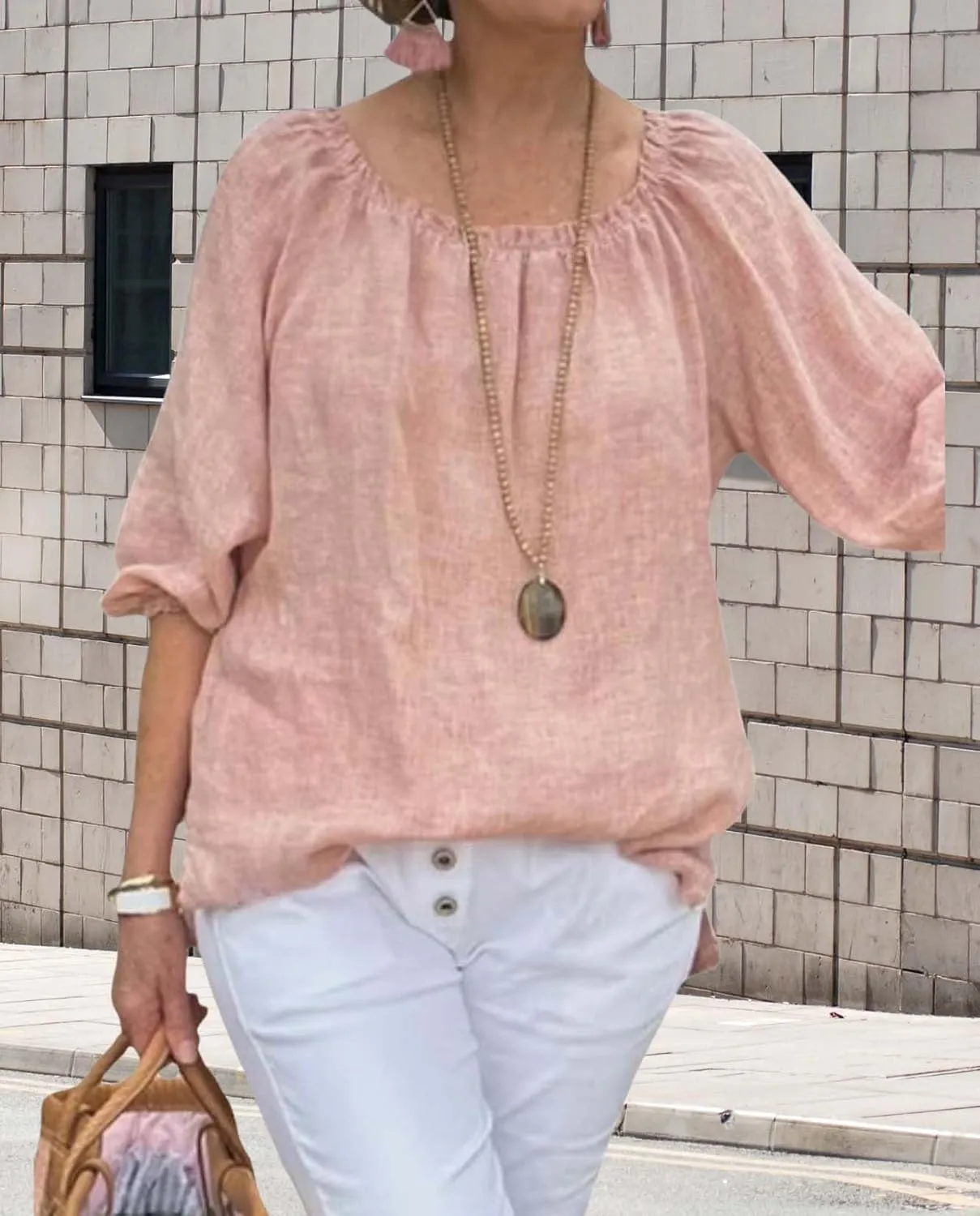 Womens Cotton Linen Pleated Crew Neck Tops Casual Half Puff Sleeve Pullover Summer Trendy Loose Tunic Shirts