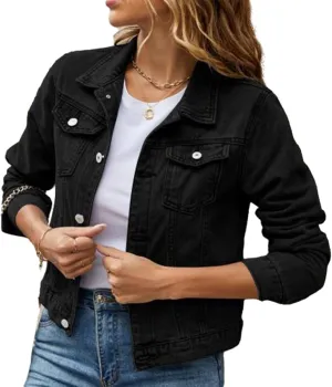 Women's Cropped Denim Jacket Long Sleeve Button Down Basic Jean Jacket Casual Trucker Coat with Pocket