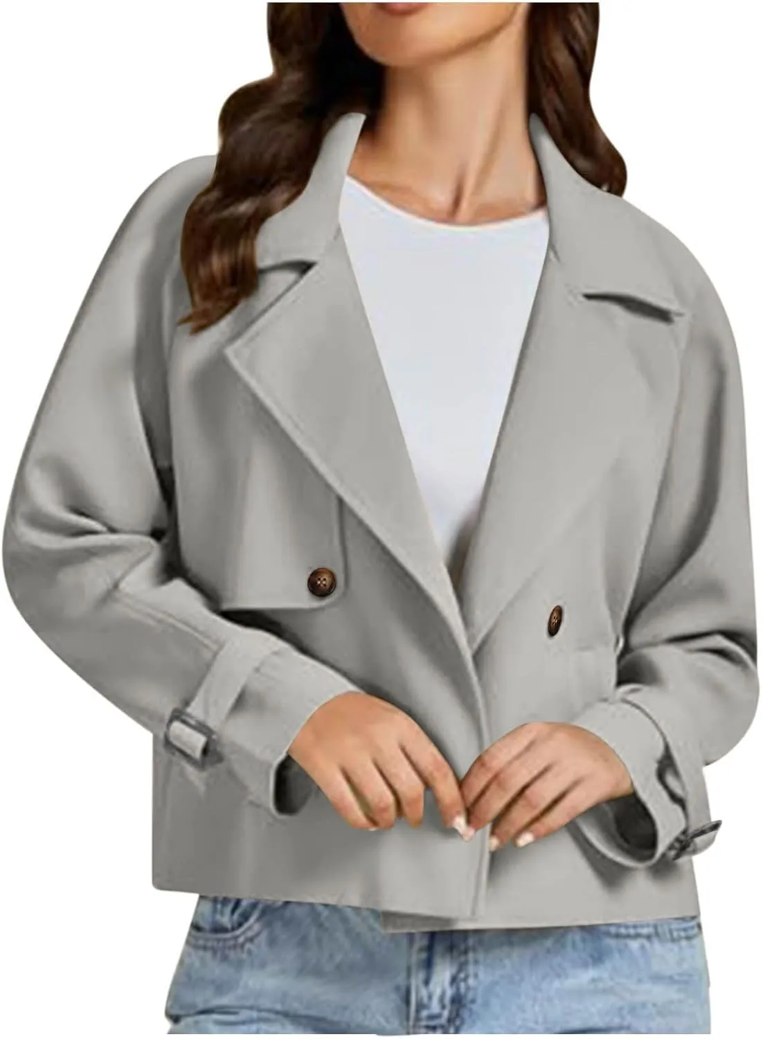 Womens Cropped Trench Coat Double Breasted Lapel Long Sleeve Short Jacket Fashion Outerwear Business Casual Jackets