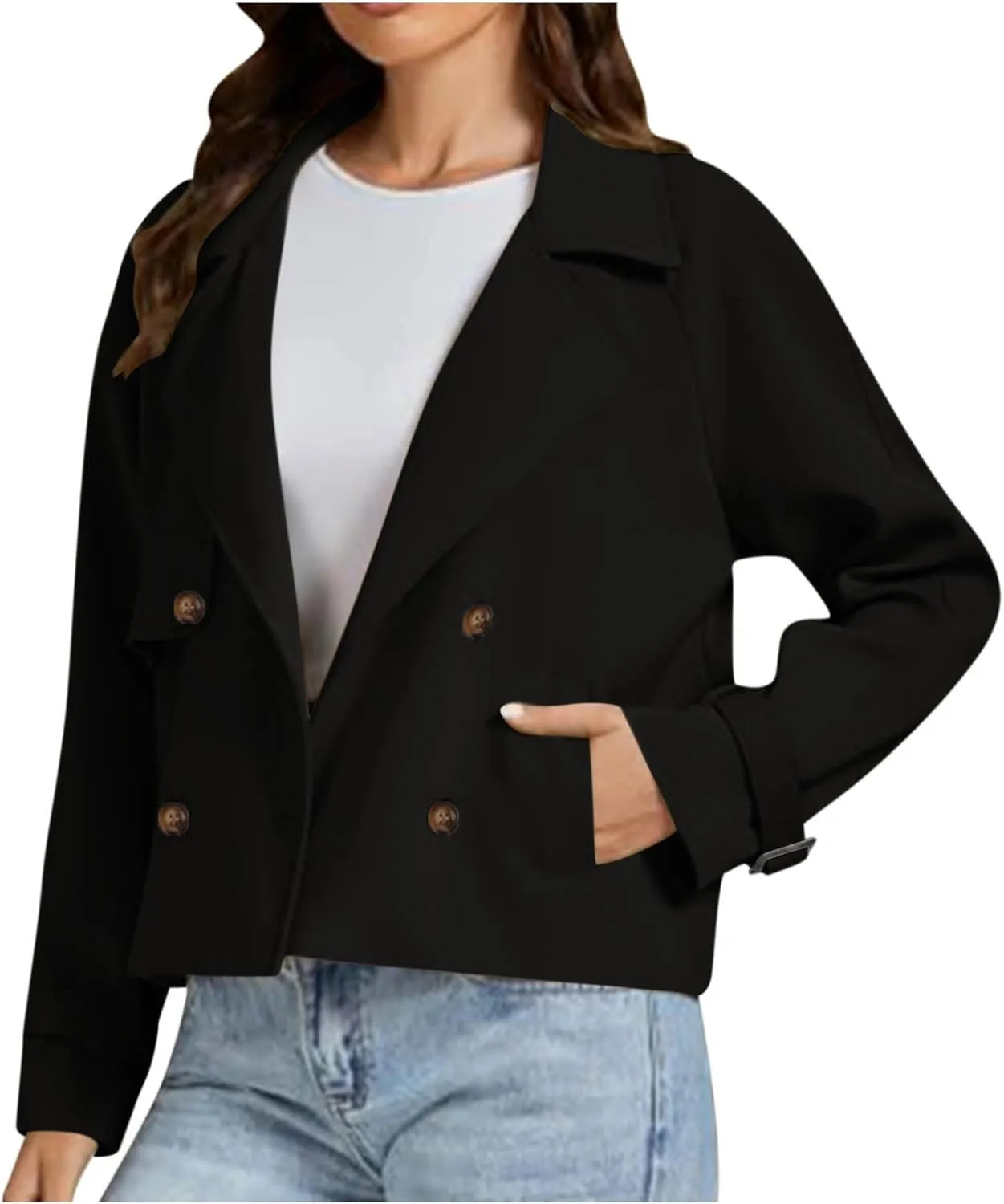 Womens Cropped Trench Coat Double Breasted Lapel Long Sleeve Short Jacket Fashion Outerwear Business Casual Jackets
