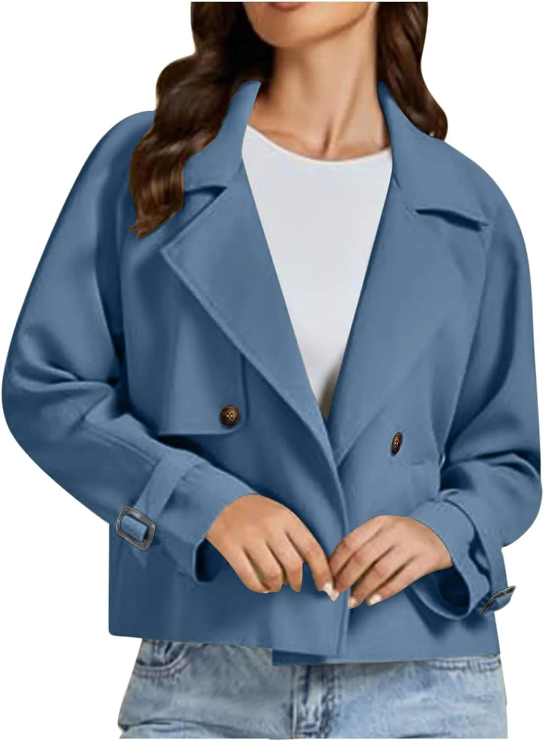 Womens Cropped Trench Coat Double Breasted Lapel Long Sleeve Short Jacket Fashion Outerwear Business Casual Jackets
