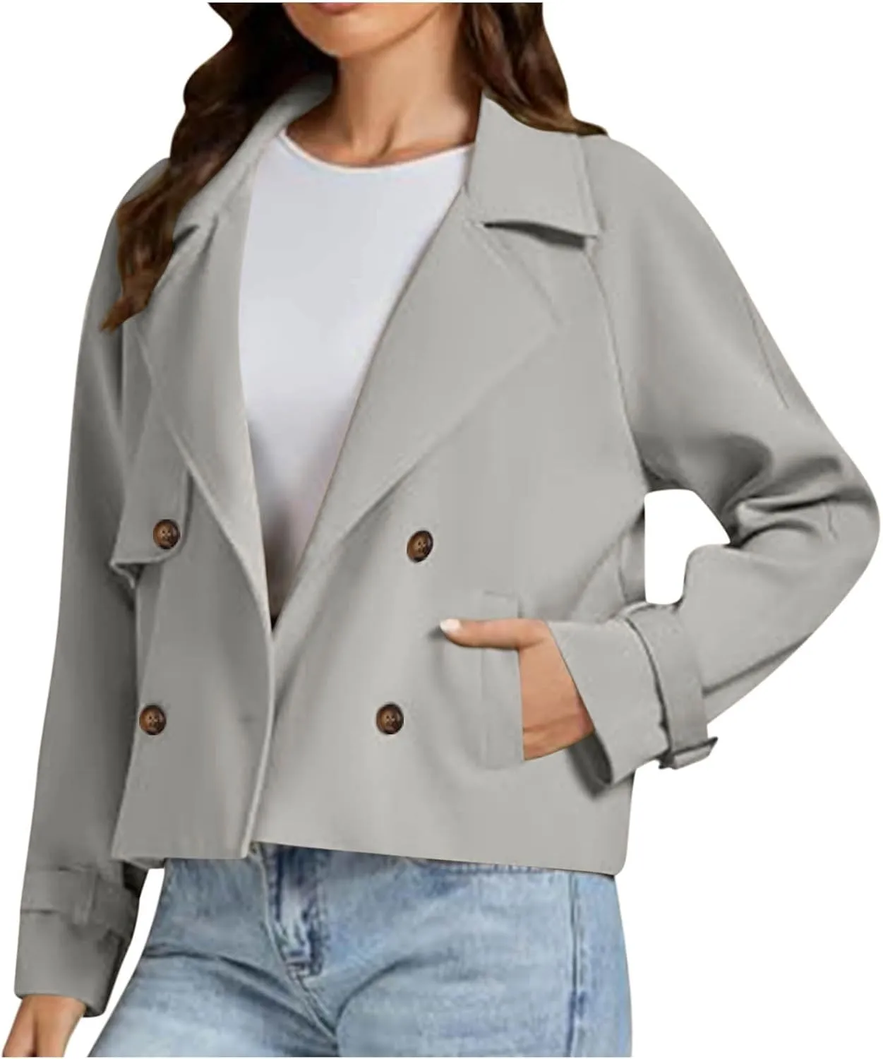 Womens Cropped Trench Coat Double Breasted Lapel Long Sleeve Short Jacket Fashion Outerwear Business Casual Jackets