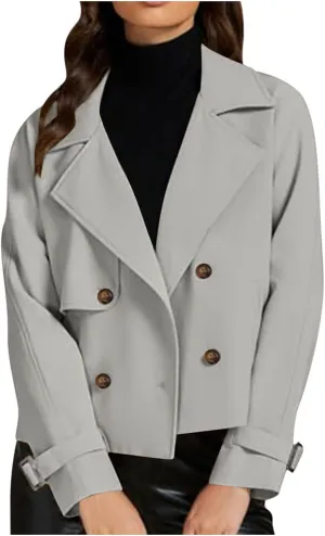 Womens Cropped Trench Coat Double Breasted Lapel Long Sleeve Short Jacket Fashion Outerwear Business Casual Jackets
