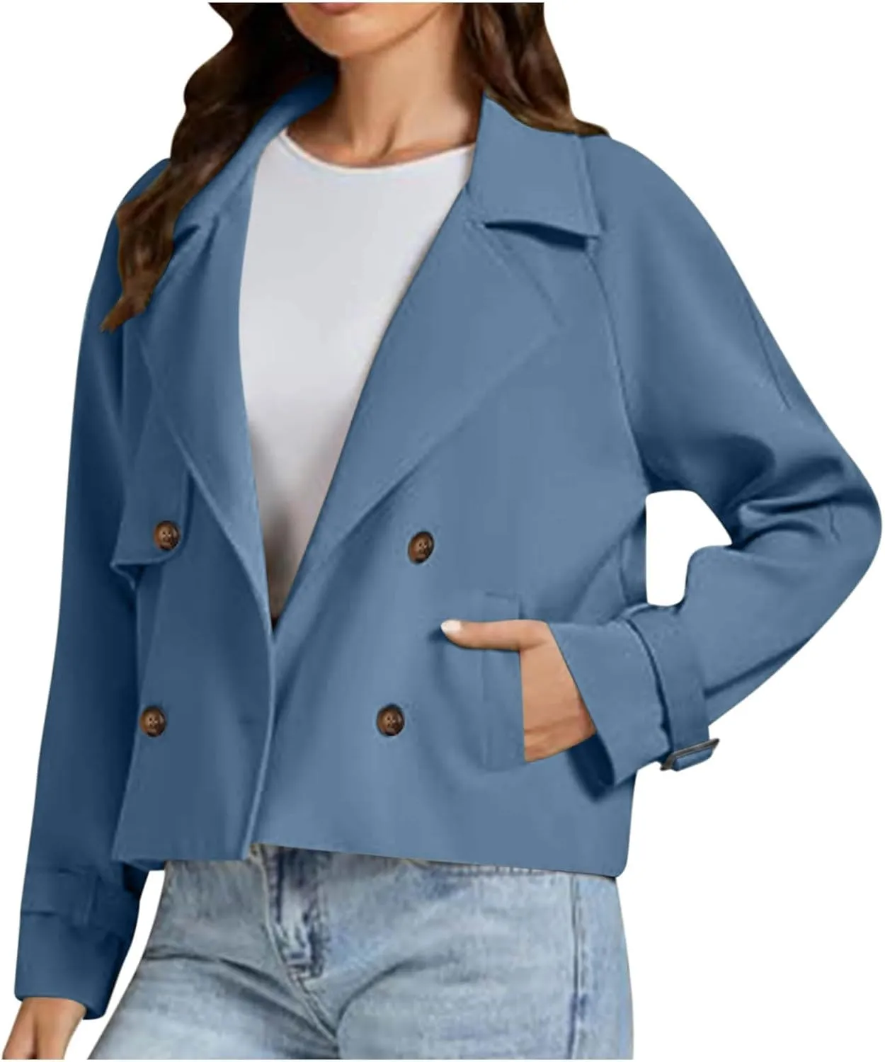 Womens Cropped Trench Coat Double Breasted Lapel Long Sleeve Short Jacket Fashion Outerwear Business Casual Jackets