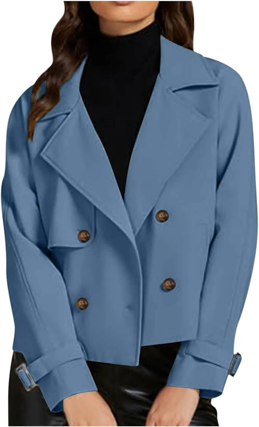 Womens Cropped Trench Coat Double Breasted Lapel Long Sleeve Short Jacket Fashion Outerwear Business Casual Jackets