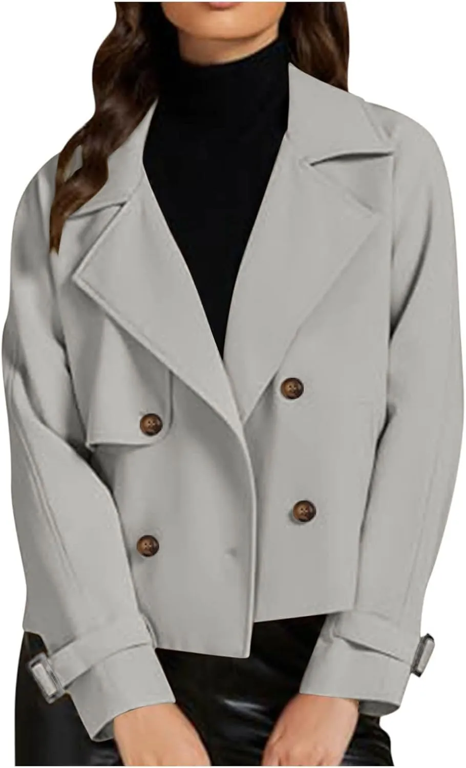 Womens Cropped Trench Coat Double Breasted Lapel Long Sleeve Short Jacket Fashion Outerwear Business Casual Jackets