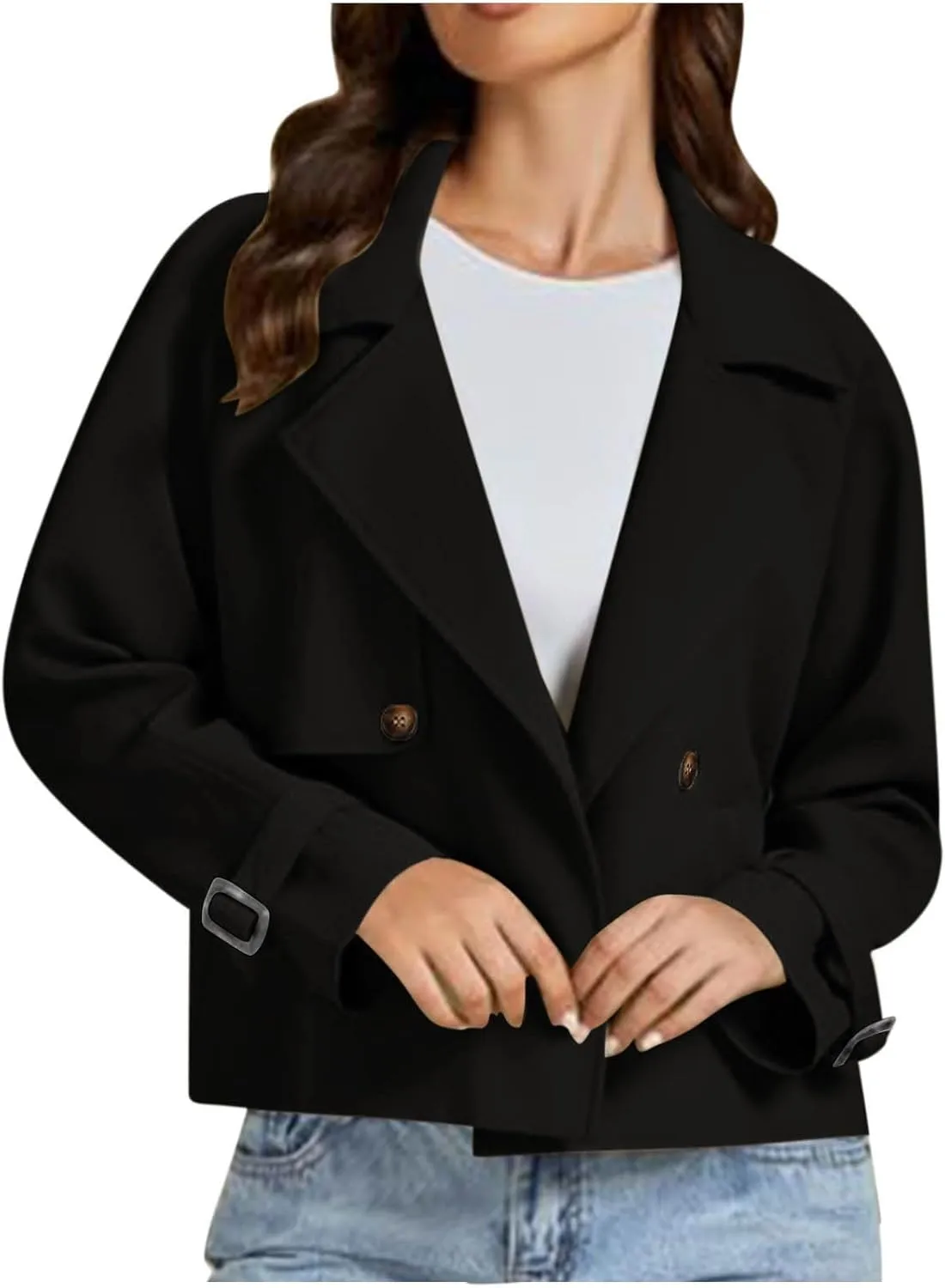 Womens Cropped Trench Coats Casual Double Breasted Short Jackets Fall Winter Fashion Outerwear with Pockets 2024