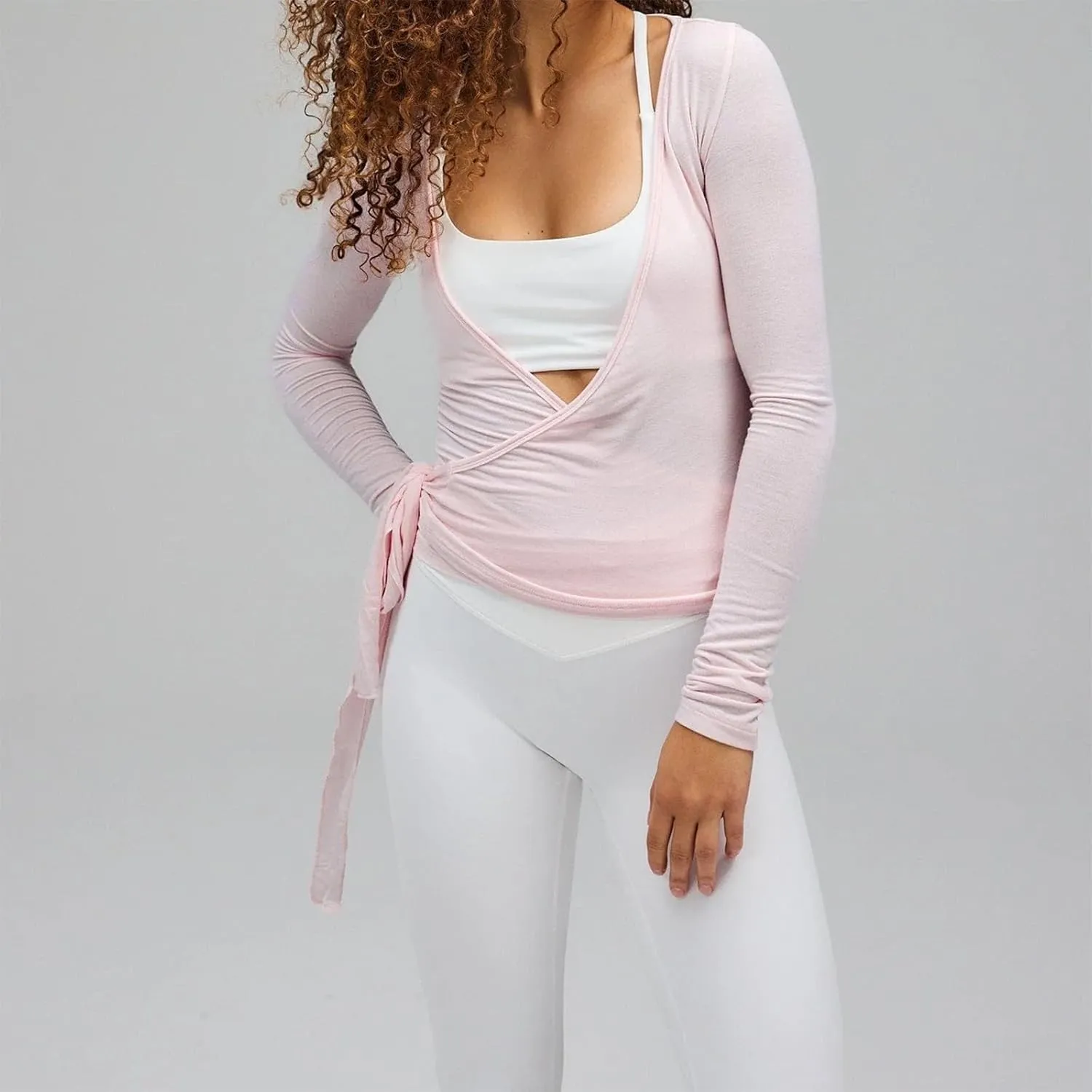 Womens Deep V Neck Cross Wrap Tie Tops Long Sleeve Slim Fit T-Shirts Workout Blouses