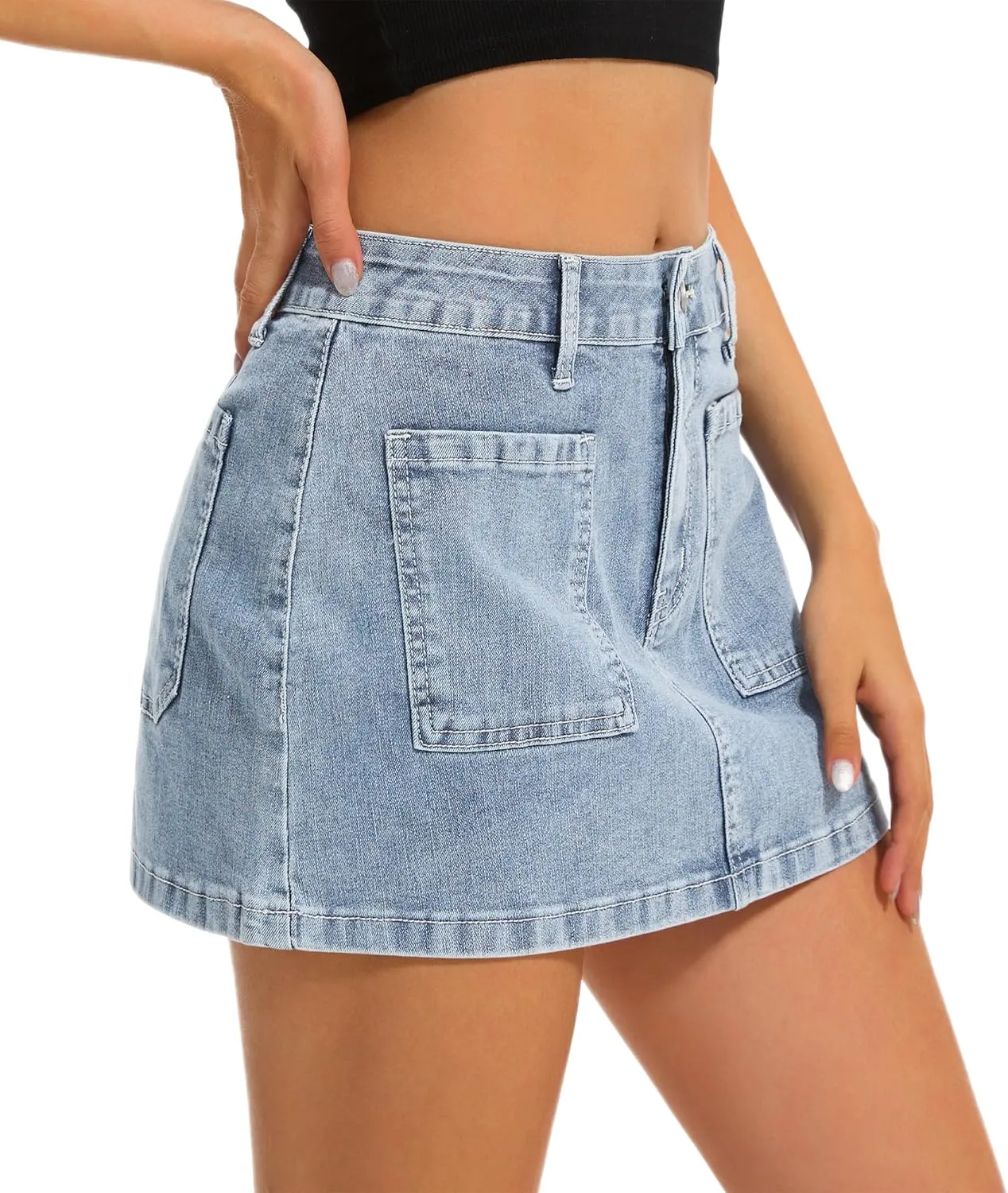 Womens Denim Mini Skirt Stretch Mid Waist Trendy Button Y2k Jean Skirts with Front Pockets