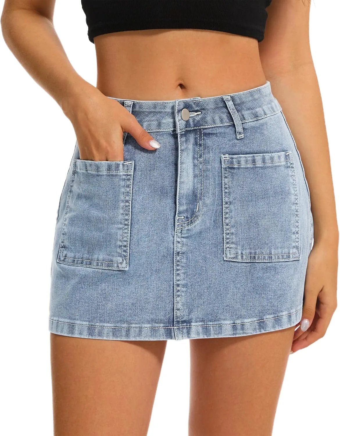 Womens Denim Mini Skirt Stretch Mid Waist Trendy Button Y2k Jean Skirts with Front Pockets