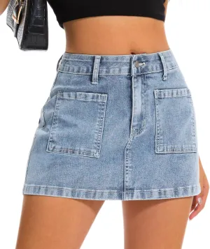 Womens Denim Mini Skirt Stretch Mid Waist Trendy Button Y2k Jean Skirts with Front Pockets