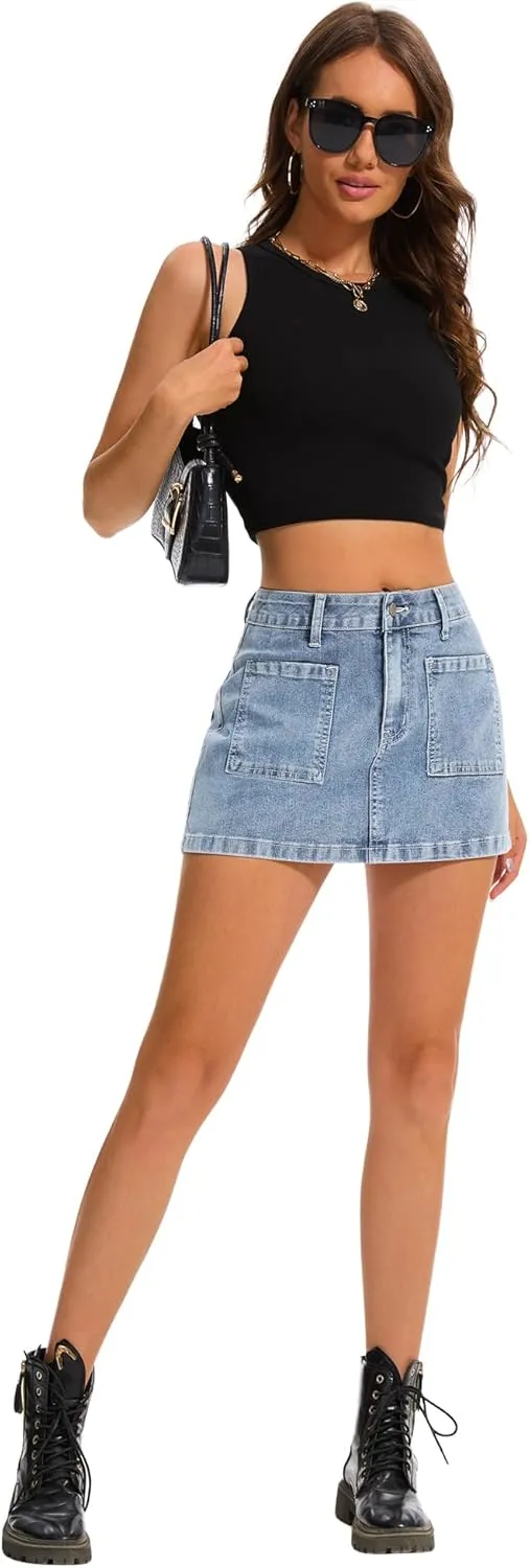 Womens Denim Mini Skirt Stretch Mid Waist Trendy Button Y2k Jean Skirts with Front Pockets