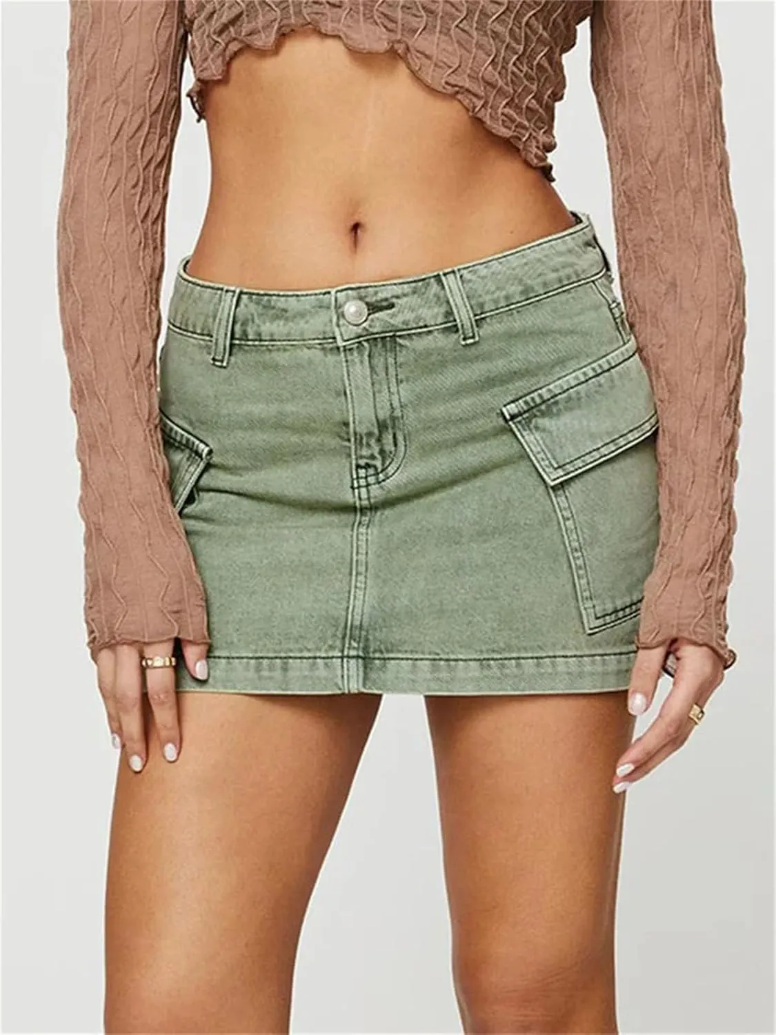 Womens Elastic Slim Fit Cargo Denim Skirts Solid Color Mid Waist Mini Jean Skirts with Pockets Streetwear