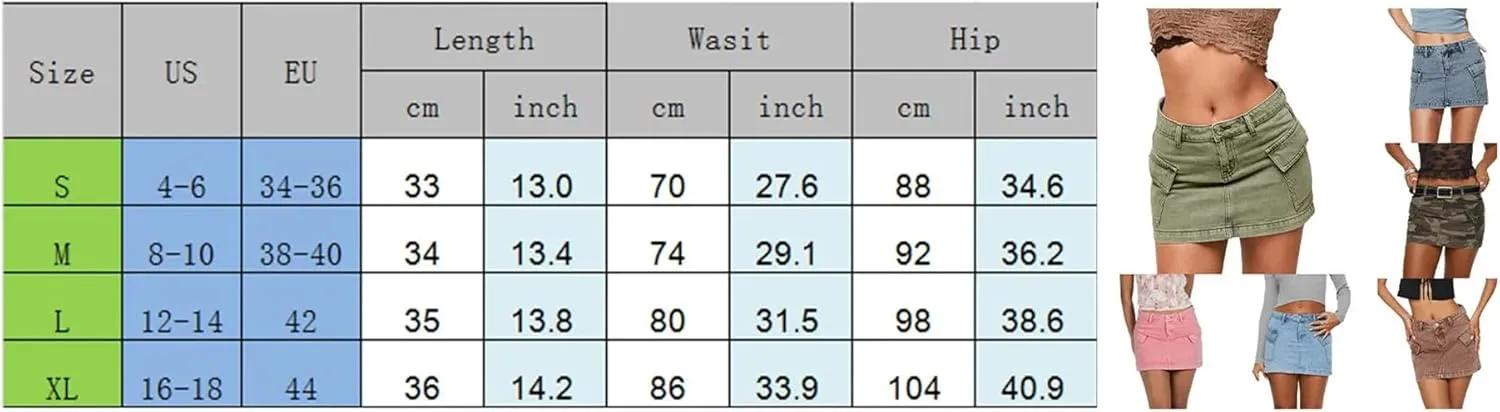 Womens Elastic Slim Fit Cargo Denim Skirts Solid Color Mid Waist Mini Jean Skirts with Pockets Streetwear