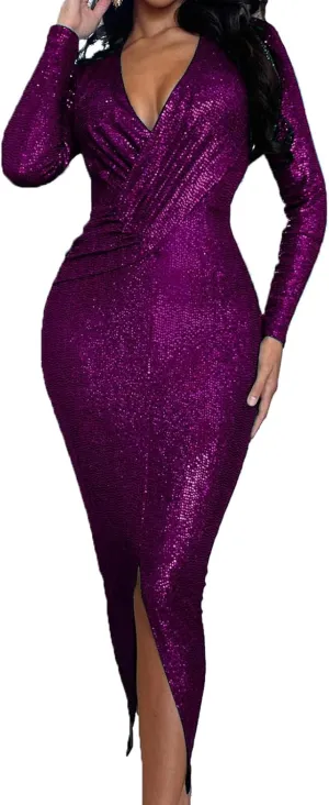 Women's Elegant Long Sleeve Sparkly Sequin Bodycon Midi Dresses Sexy Deep V Neck Ruched Cocktail Party Wrap Dress