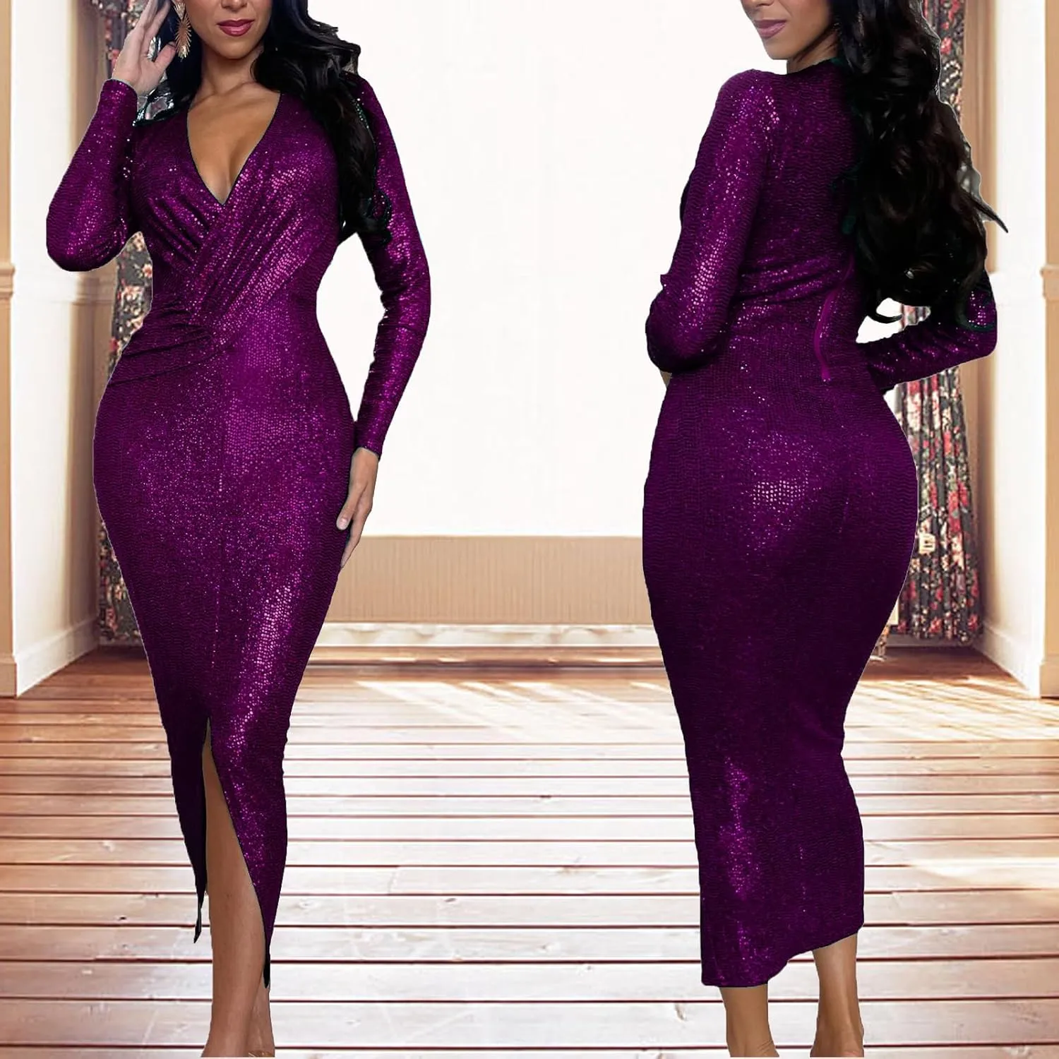 Women's Elegant Long Sleeve Sparkly Sequin Bodycon Midi Dresses Sexy Deep V Neck Ruched Cocktail Party Wrap Dress