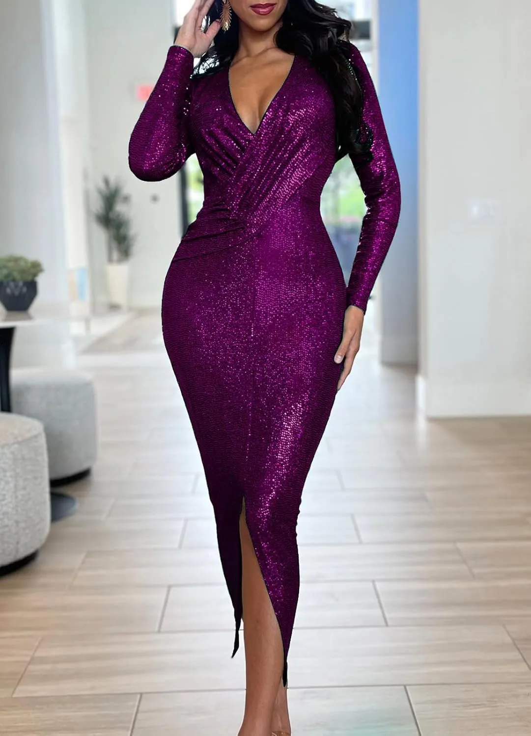 Women's Elegant Long Sleeve Sparkly Sequin Bodycon Midi Dresses Sexy Deep V Neck Ruched Cocktail Party Wrap Dress