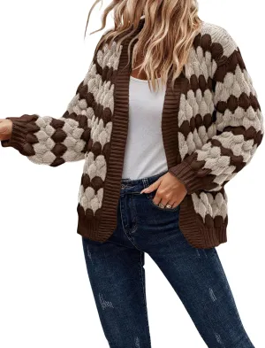 Women's Fall Long Lantern Sleeve Open Front Cardigan Striped Color Block Chunky Knit Sweater Coats Outwear
