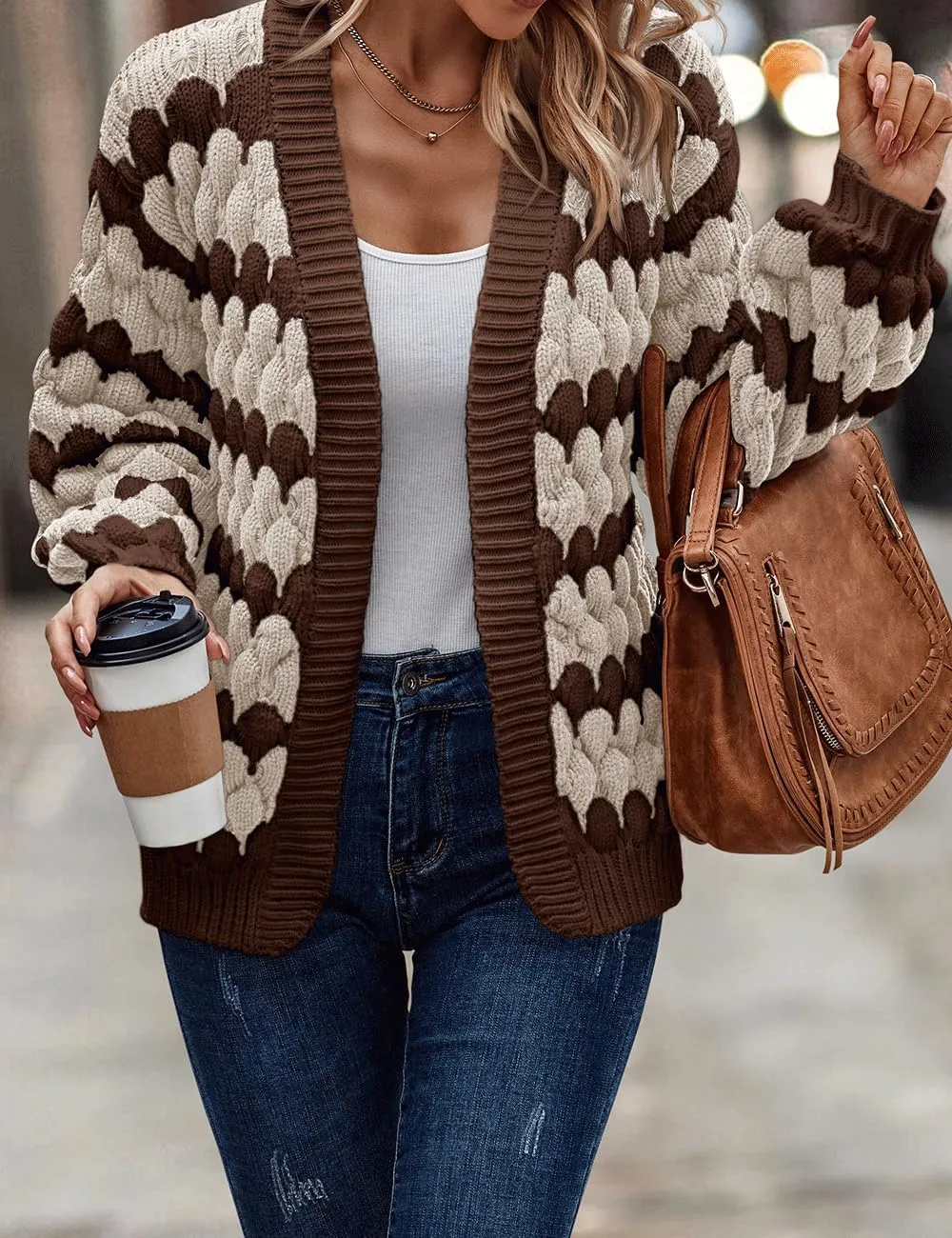 Women's Fall Long Lantern Sleeve Open Front Cardigan Striped Color Block Chunky Knit Sweater Coats Outwear