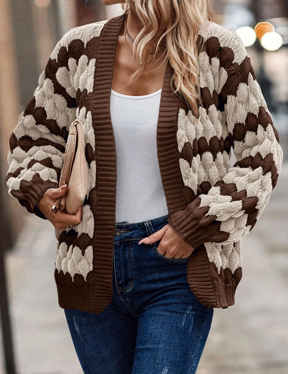 Women's Fall Long Lantern Sleeve Open Front Cardigan Striped Color Block Chunky Knit Sweater Coats Outwear