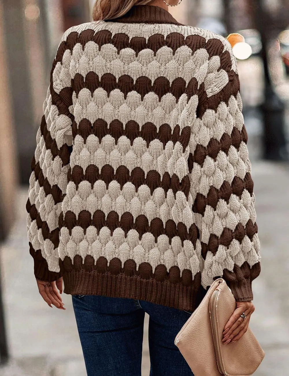 Women's Fall Long Lantern Sleeve Open Front Cardigan Striped Color Block Chunky Knit Sweater Coats Outwear