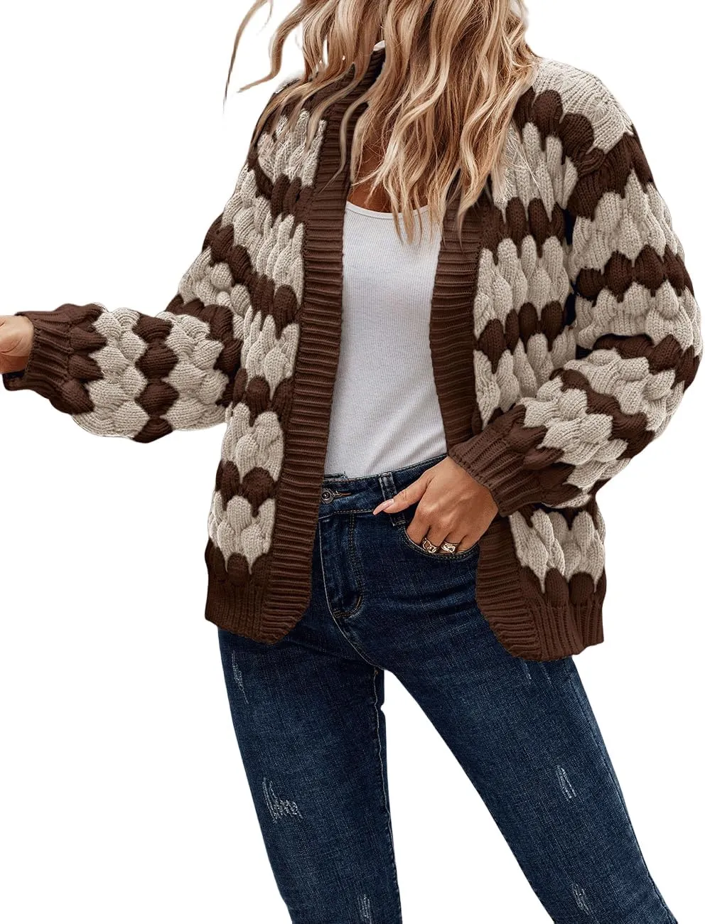 Women's Fall Long Lantern Sleeve Open Front Cardigan Striped Color Block Chunky Knit Sweater Coats Outwear