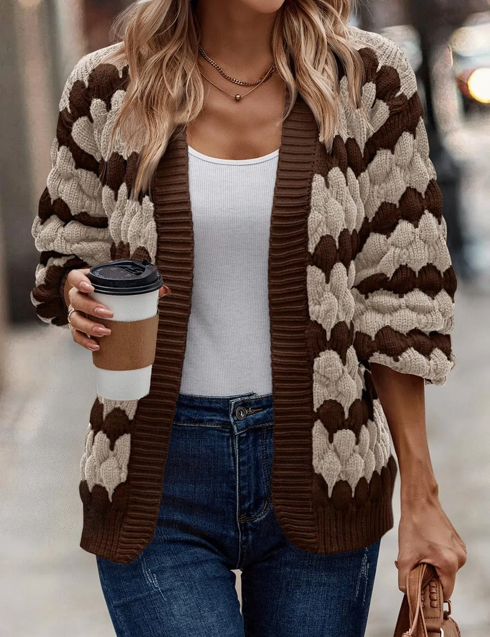 Women's Fall Long Lantern Sleeve Open Front Cardigan Striped Color Block Chunky Knit Sweater Coats Outwear